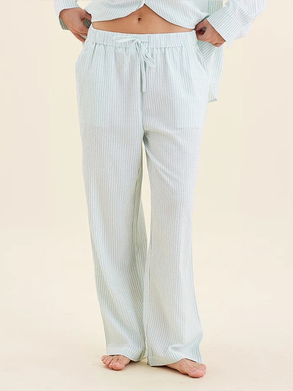 Papinelle Sabine Seersucker Stripe Full Length Pajama Set, Mint Green, M - Picture 8 of 16